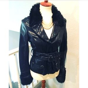 NWT bebe 2B Faux Fur & Leather Black Moto Jacket